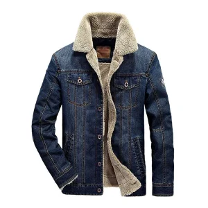 CASUAL LAPEL SLIM FIT FLEECE DENIM JACKET FOR MEN