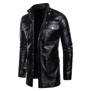 MEN'S SOLID COLOR STAND COLLAR LEATHER MOTOR JACKET